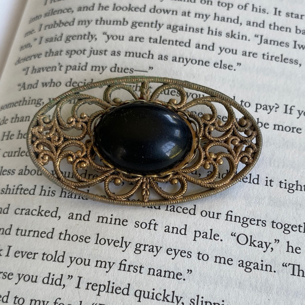 Antique Gold Ornate Art Deco Filigree Brooch with Black Center